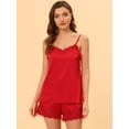 thumbnail image 3 of Lencería sexy de satén para mujer, con ribete de encaje, camisetas, pantalones cortos, pijamas, conjuntos rojo L, 3 of 5