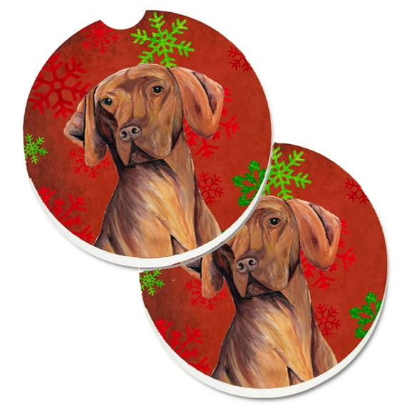 Vizsla Red and Green Snowflakes Holiday Christmas Set of 2 Cup Holder Car Coasters