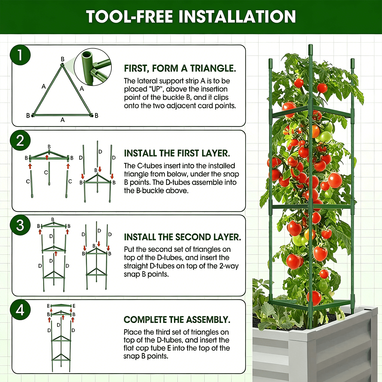 3 Pack Tomato Cages for Garden,51.2"H×11.8"W Tomato Cage Trellis-Upgraded Hexagon Connector,Heavy Duty Adjustable Tomato Stake Support for Raised Garden Bed