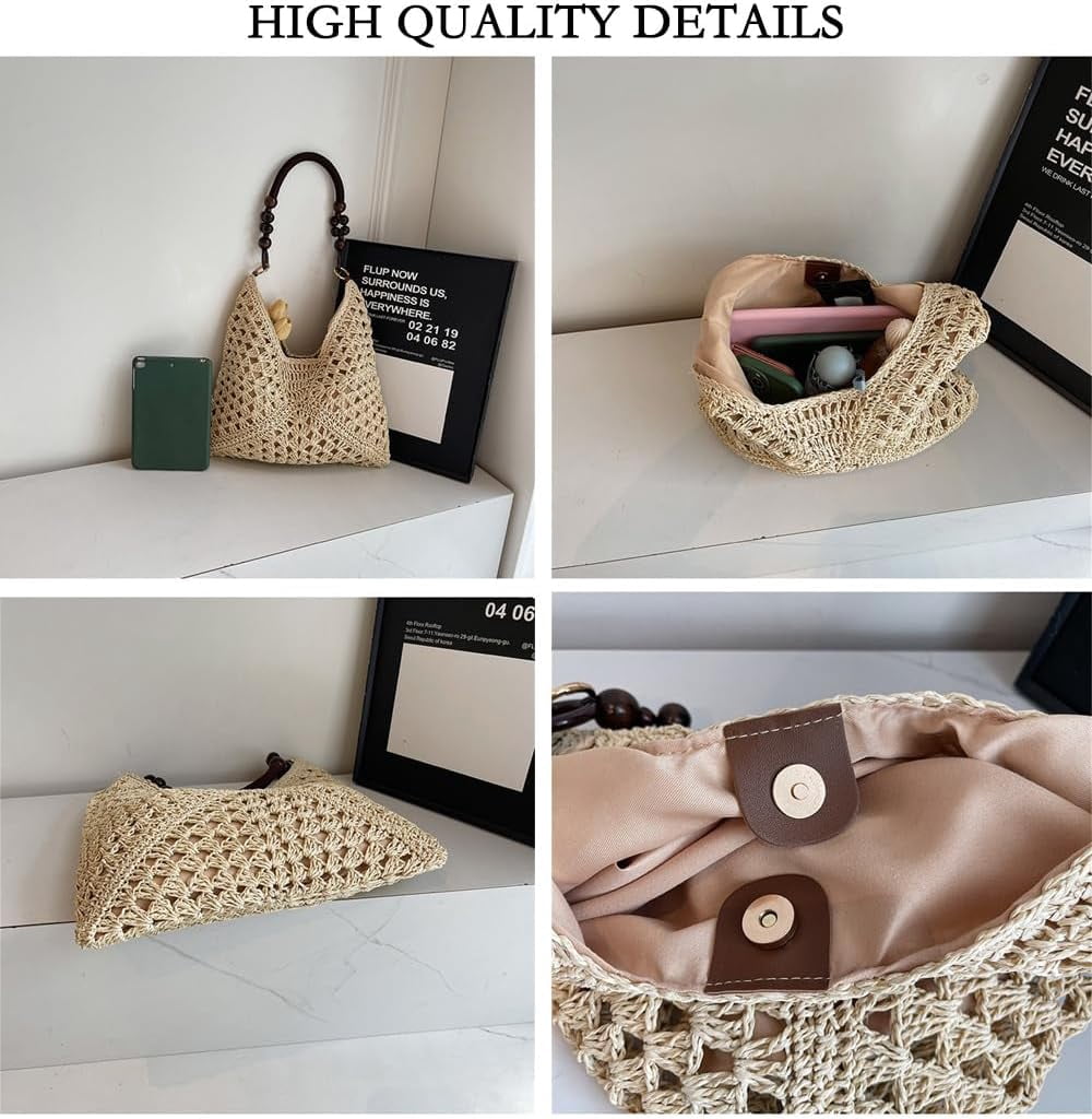 Summer Straw Hobo Bags for Women Boho Woven Mesh Beach Tote Bag Large Capacity Crochet Vacation Shoulder Handbag