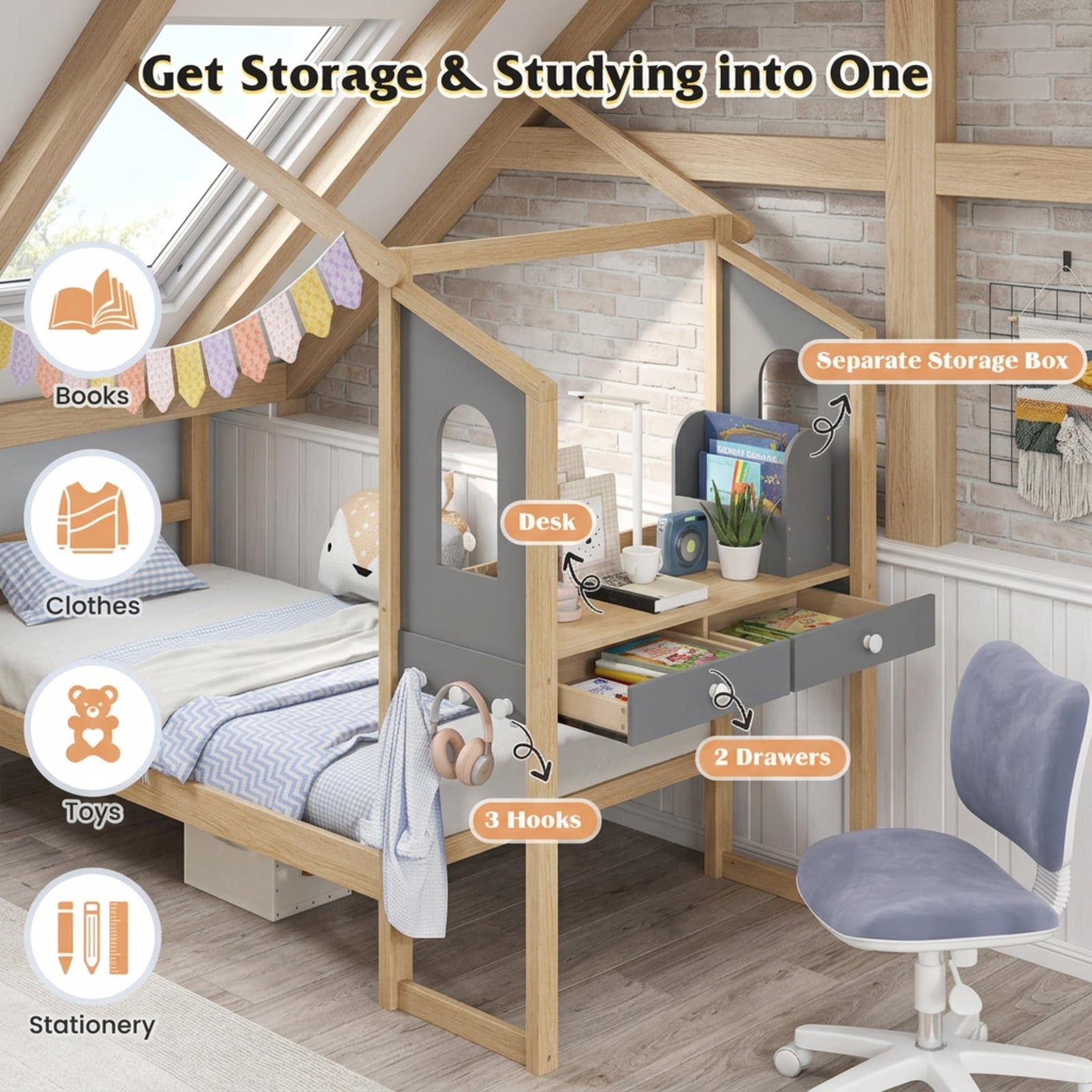 Furnibear Full Size Kids House Bed Frame with Roof Canopy Fence and Storage Desk for Kids Bedroom, White and Gray