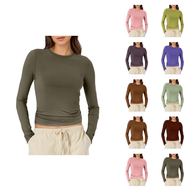 Chemises à Manches Longues pour Femmes 2026 Printemps Tendance Y2k T-Shirt Court Col Rond Ajusté