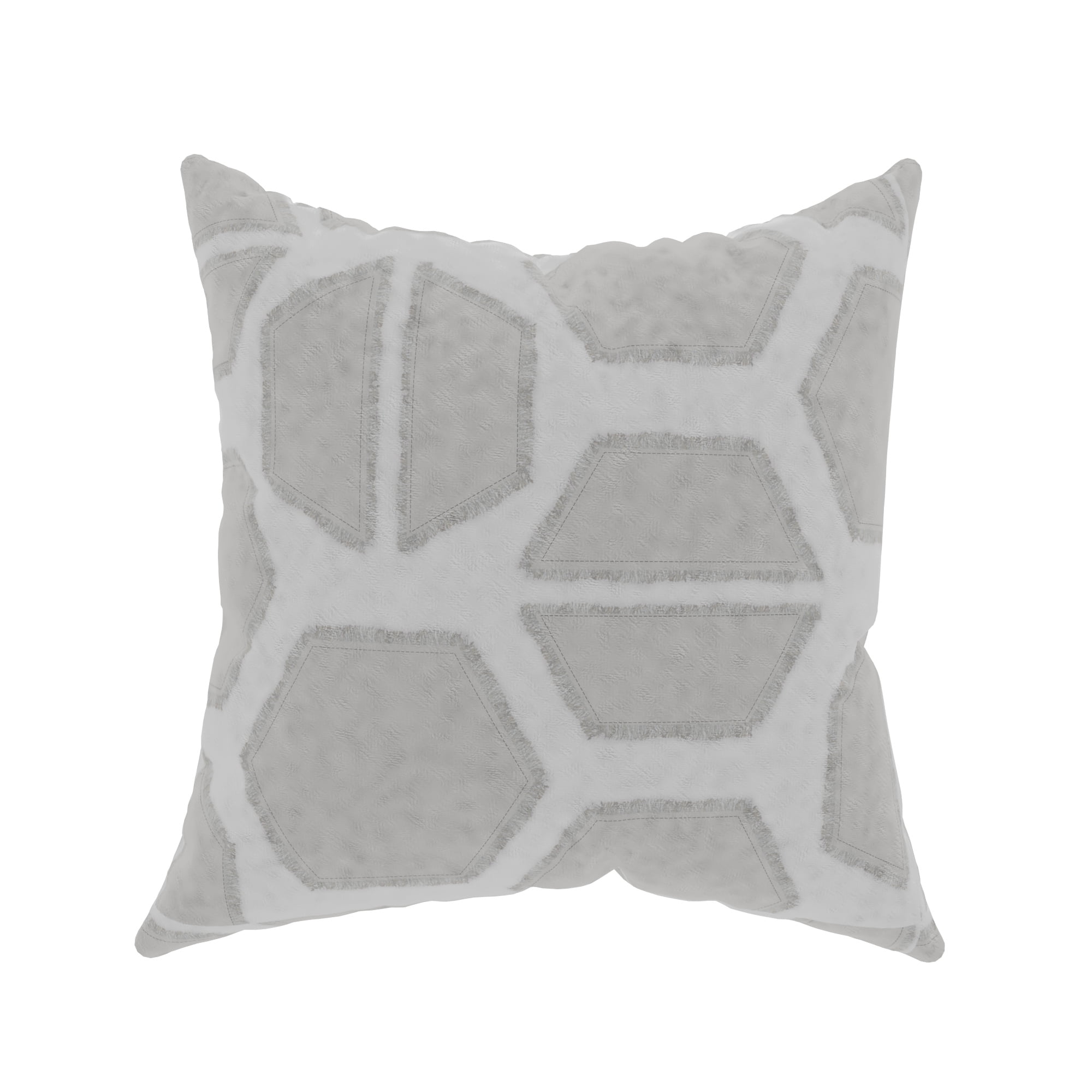 Decorative Throw Pillow Cover, 18” x 18”, Gray/White, Printed Applique Geometric Pattern on Poly Velvet with Corner Tassels Creating an Effortlessly Modern Sense of Style for Bed and Sofa