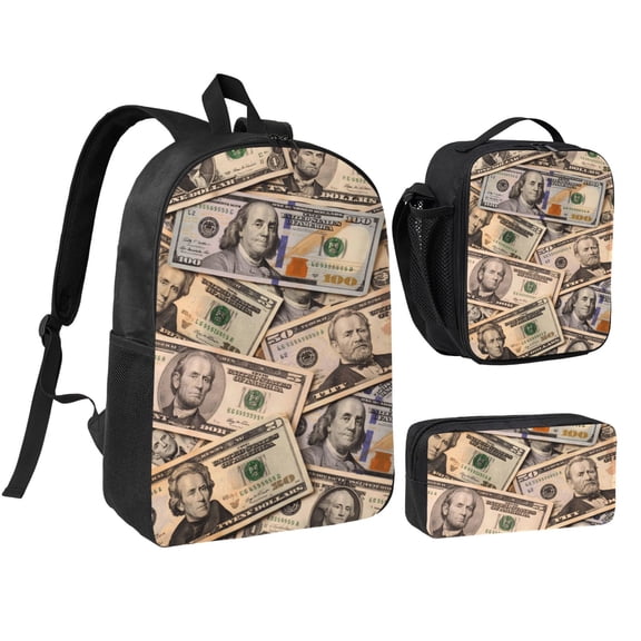 Money Backpack Set 3pc Including Backpack, Lunch Bag and Pen Bag Combination