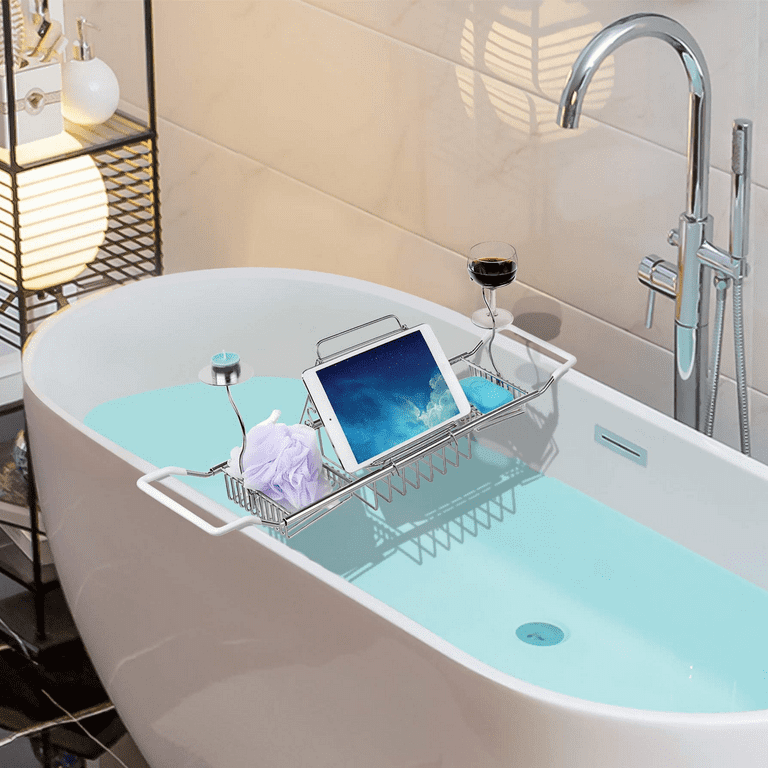 304 Stainless Steel Bathtub Caddy Tray Expandable Bath Organizer, Tub Shelf  for Reading with Book and Wine Rack, Candleholder