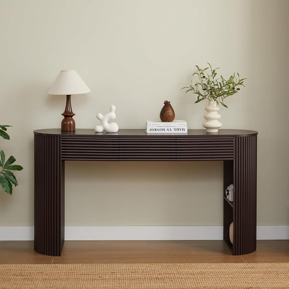 YWEN 60'' Fluted Console Table with Drawers, Modern Entryway Table with Side-Leg Partitioned Shelves Design, Narrow Long Wood Sofa Table Behind Couch Table for Living Room, Hallway, Foyer
