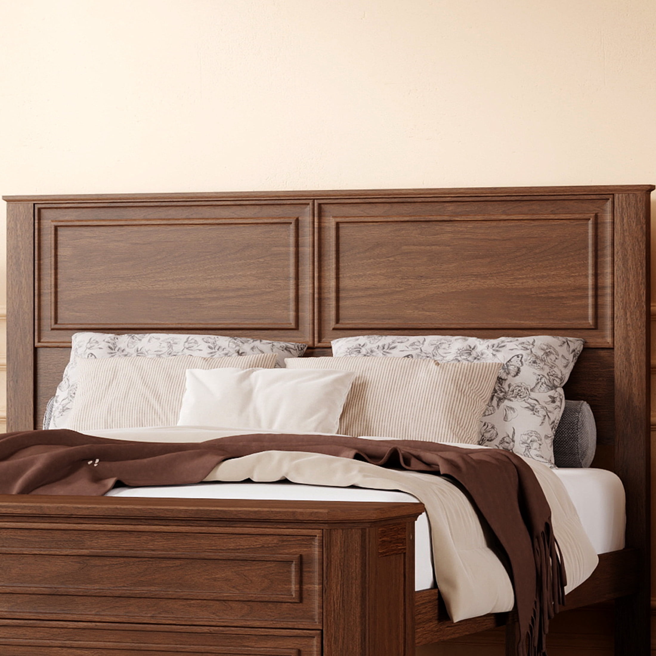 Noble House Reinaldo Queen Farmhouse Pine Bed with Integrated Bench, Storage Drawers and Flip-Top Containers, Walnut