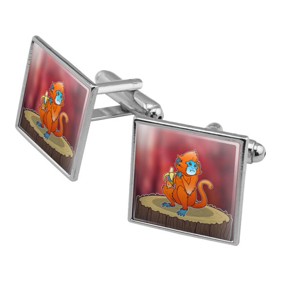 Golden Monkey Eating a Banana Square Cufflink Set - Silver or Gold