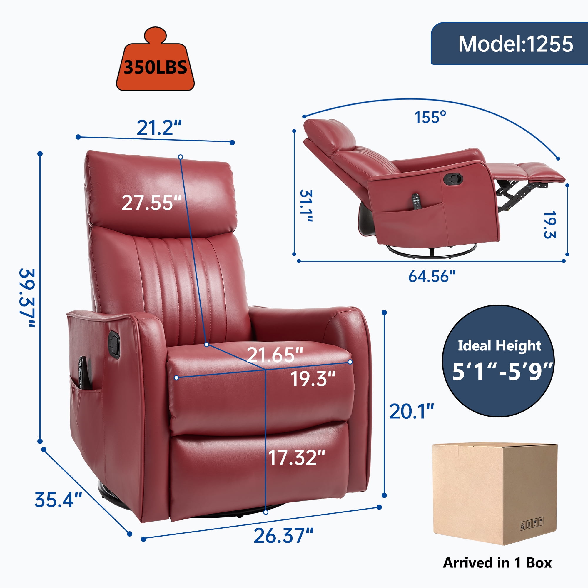Manual Swivel Rocker Recliner Chair for Adults,Overstuffed Reclining Glider Chair with Vibration Massage & Heat,Upholstered Recliners with Side Pockets for Living Room,Red PU