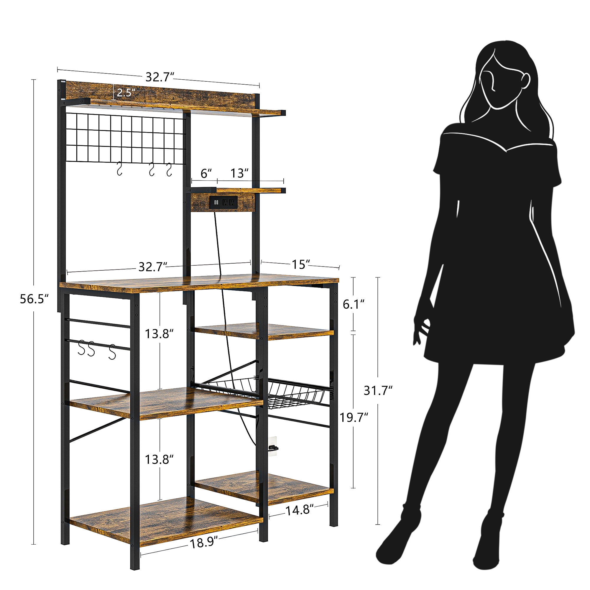 Kadyn Multifunctional Kitchen Storage Shelf, Modern Storage Rack with 8 S-shaped Removable Hooks, Storage Rack Organizer for Kitchen, Brown Kadyn Multifunctional Kitchen Storage Shelf, Modern Storage Rack with 8 S-shaped Removable Hooks, Storage Rack Organizer for Kitchen, Brown