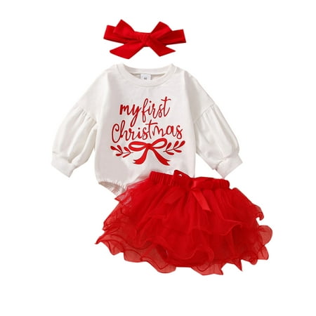 

Ma&Baby Toddler Baby Girls 3Pcs Christmas Outfits Letter Print Long Sleeve Romper + Skirt Shorts + Hairband Set