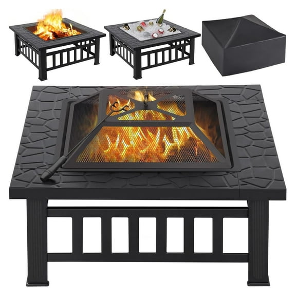 Multifunctional Table 32in Square Metal Firepit Stove Backyard Patio Garden Fireplace for Camping, Outdoor Heating, and Picnic