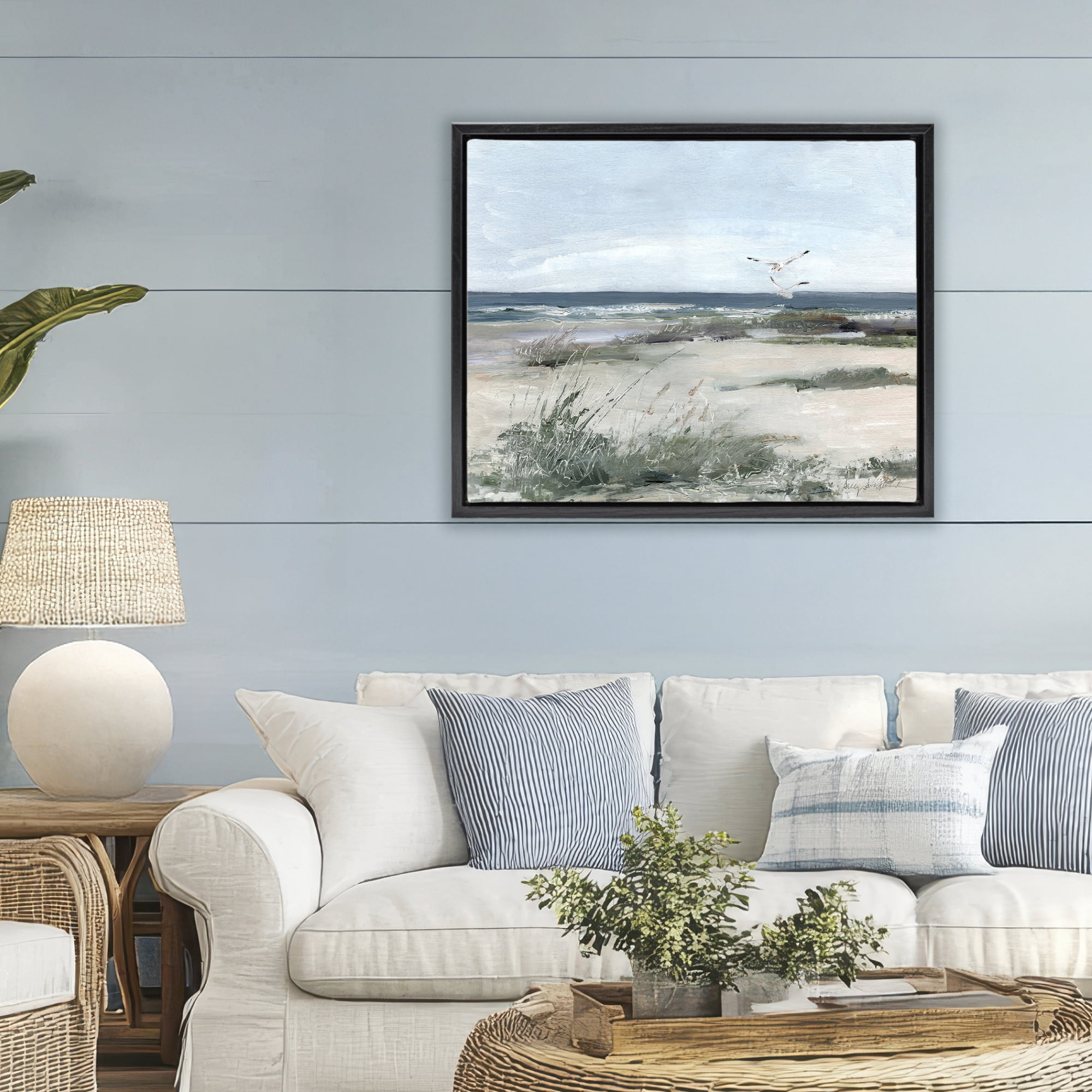Stupell Industries Seagull Pair over Waves Black Framed Floater Canvas Wall Art, design by Sally Swatland