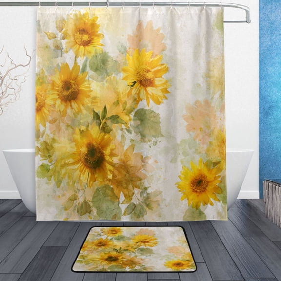TTYFWHD 60" x 72" Shower Curtain and Bath Mat Set Whimsical Watercolor Sunflowers Waterproof Bathroom Curtain with 12 Hooks, Bathroom Decor Set