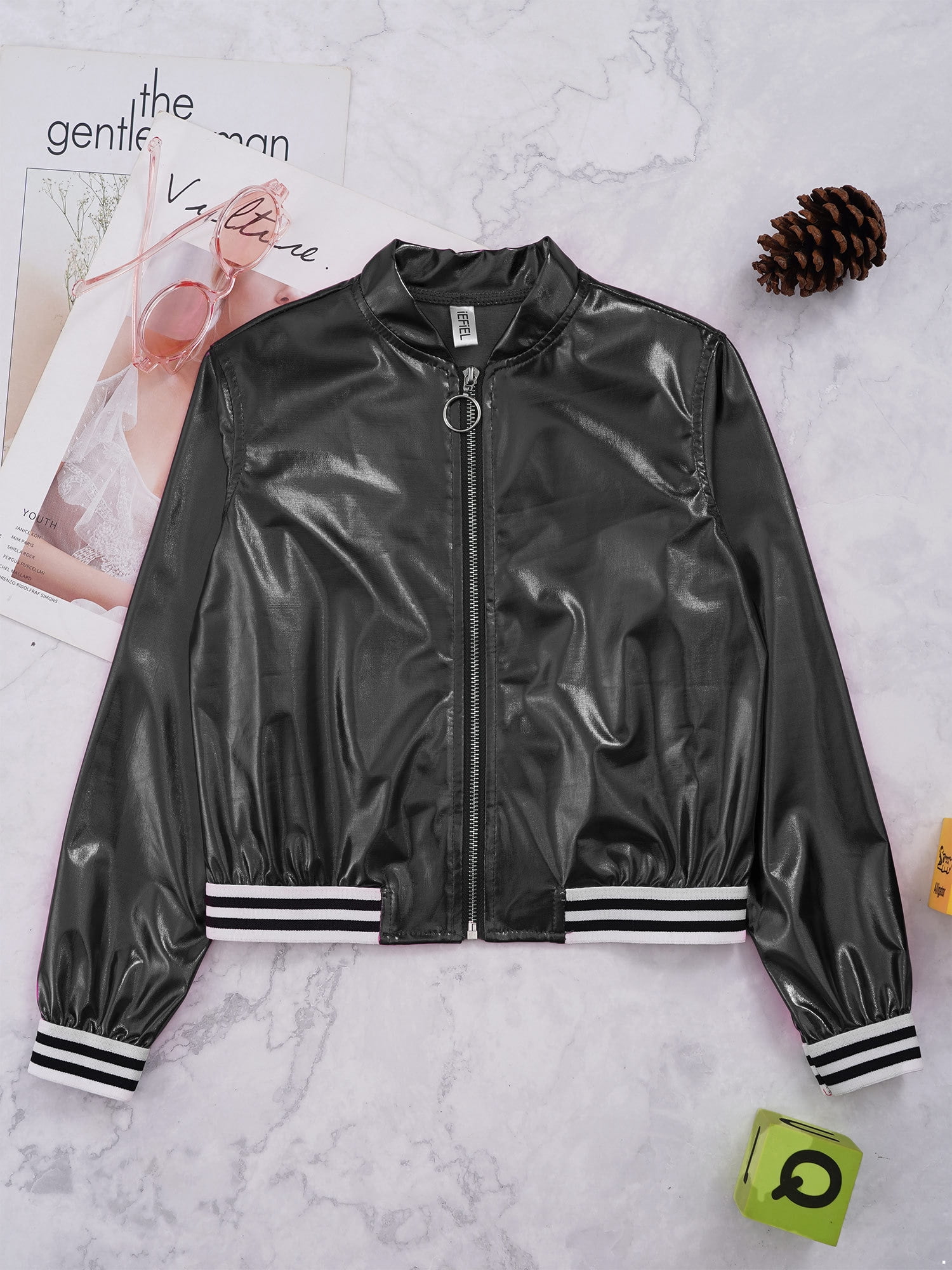 inhzoy Kids Girls Metallic lightweight Zip-Up Bomber Jacket
