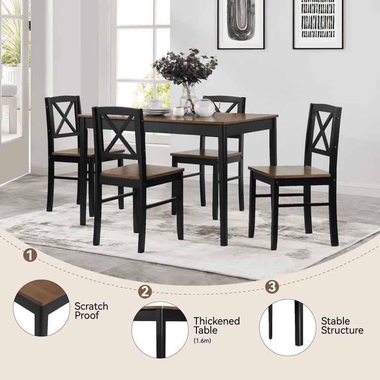 Seizeen Dining Table Set for 4, Solid Wood, Dark Brown, Easy