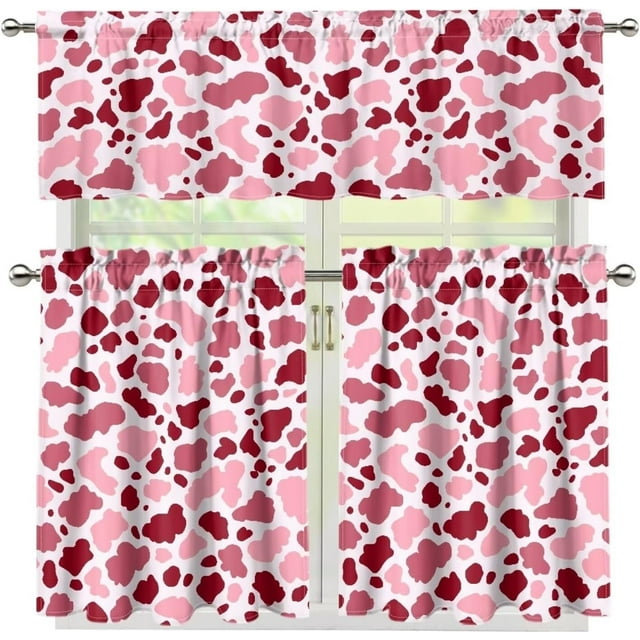 Pink Red Spot 3 Piece Kitchen Window Curtain Panel Tiers and Valance Set Rod Pocket Darkening Curtains Light Filtering Energy Efficient Curtain Set