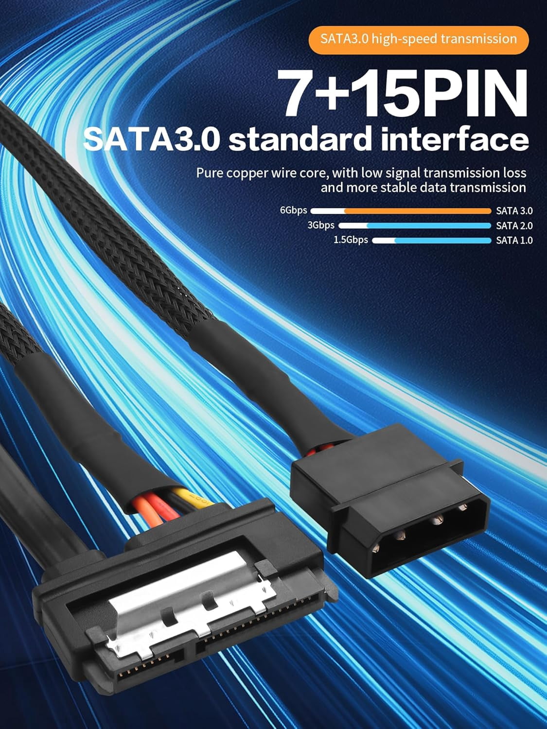 HRTGFD-0.5M 22 Pin SATA 3.0 Power Data Extension Cable for HDD,SSD,Optical Drives,6Gbps SATA(7+15Pin) & Sata III 7 Pin Female to 4 Pin LP4 IDE Male 2-in-1 Braided Power Cord (2 Pcs)