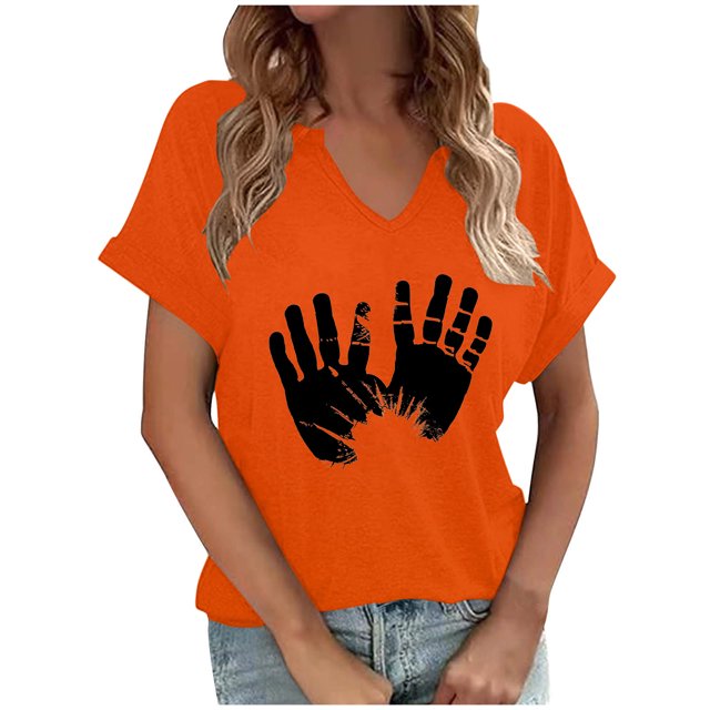 Dadaria T-Shirt Femme Orange Manches Courtes Col en V Été Imprimés Main Chandail Blouses m