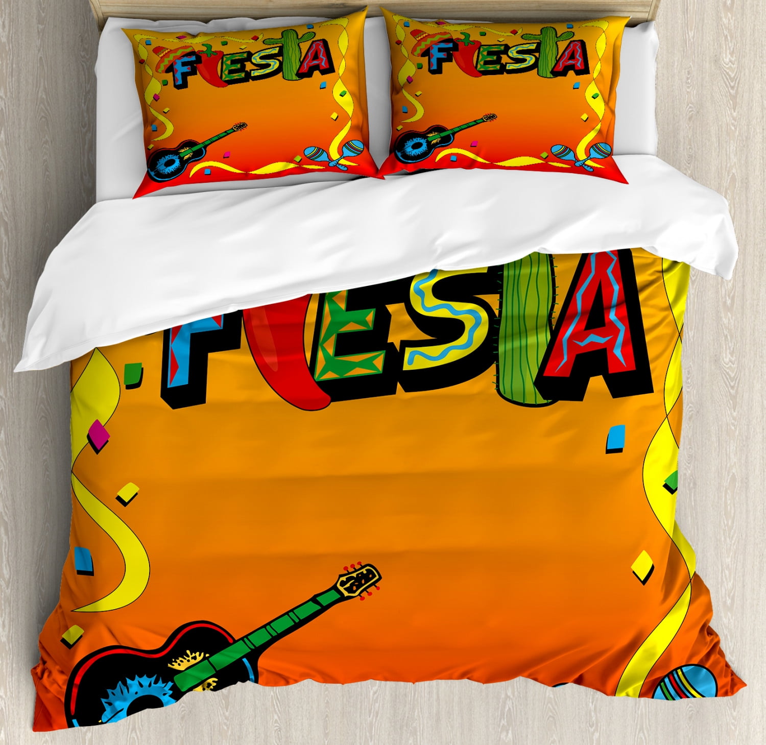 Fiesta Duvet Cover Set, Latino Pattern with Swirled Stripe Frame with Musical Instruments