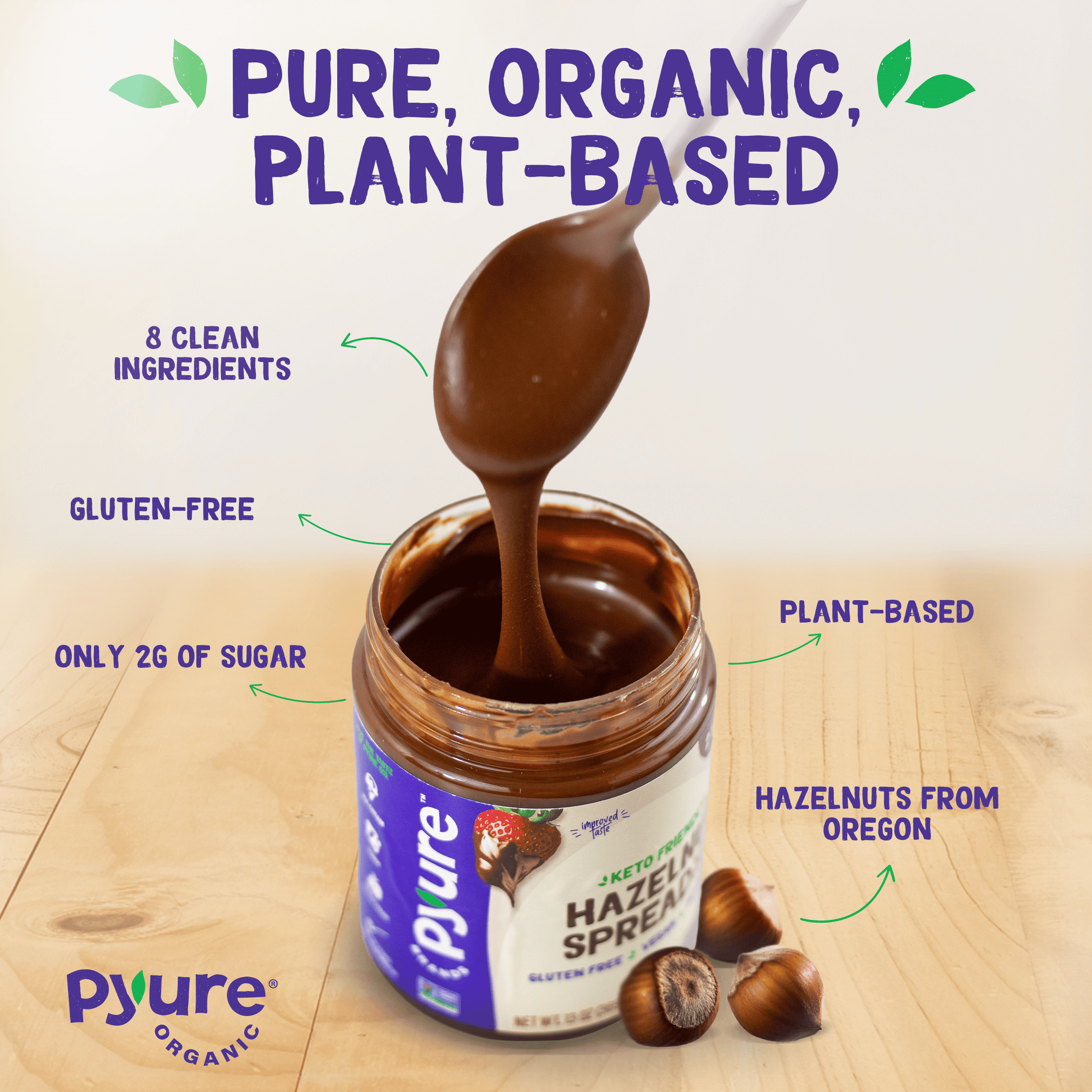Pyure Hazelnut Spread with Cocoa, Keto, Vegan, Gluten-Free, Plant
