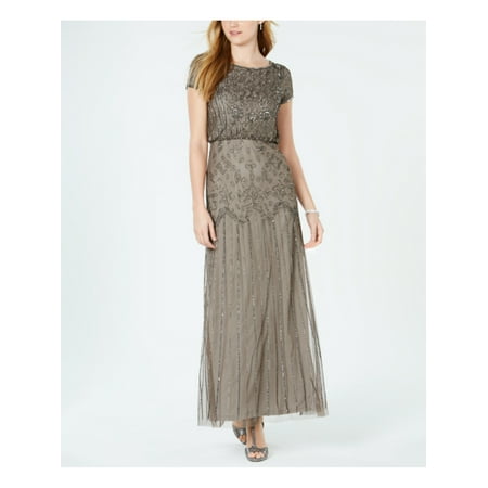 ADRIANNA PAPELL Womens Gray Beaded Zippered Short Sleeve Crew Neck Maxi Formal Blouson Dress 0
