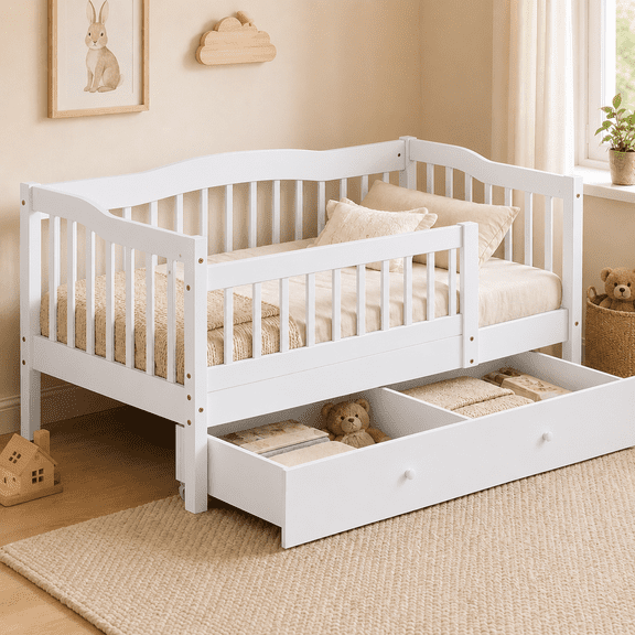 Zimtown Toddler Daybed, Kids Day Bed Frame with Storage Drawer, Children Sleeping Bedroom, White