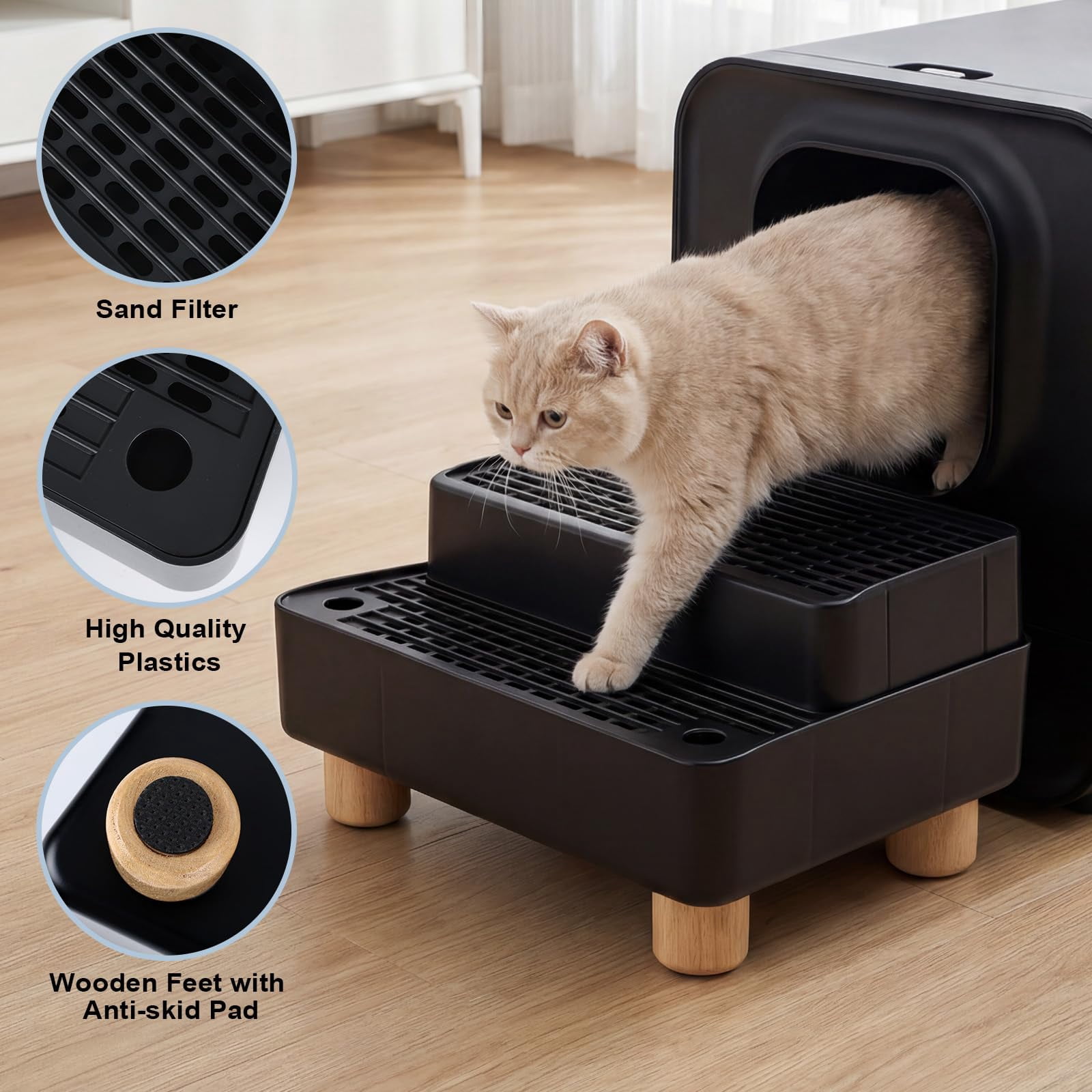 Adjustable 2 Steps Litter Box Ramp  Cat Catcher Mat With Wooden Feet Filter Function Step For Small & Elderly Cats Fits Automatic Boxes (black)
