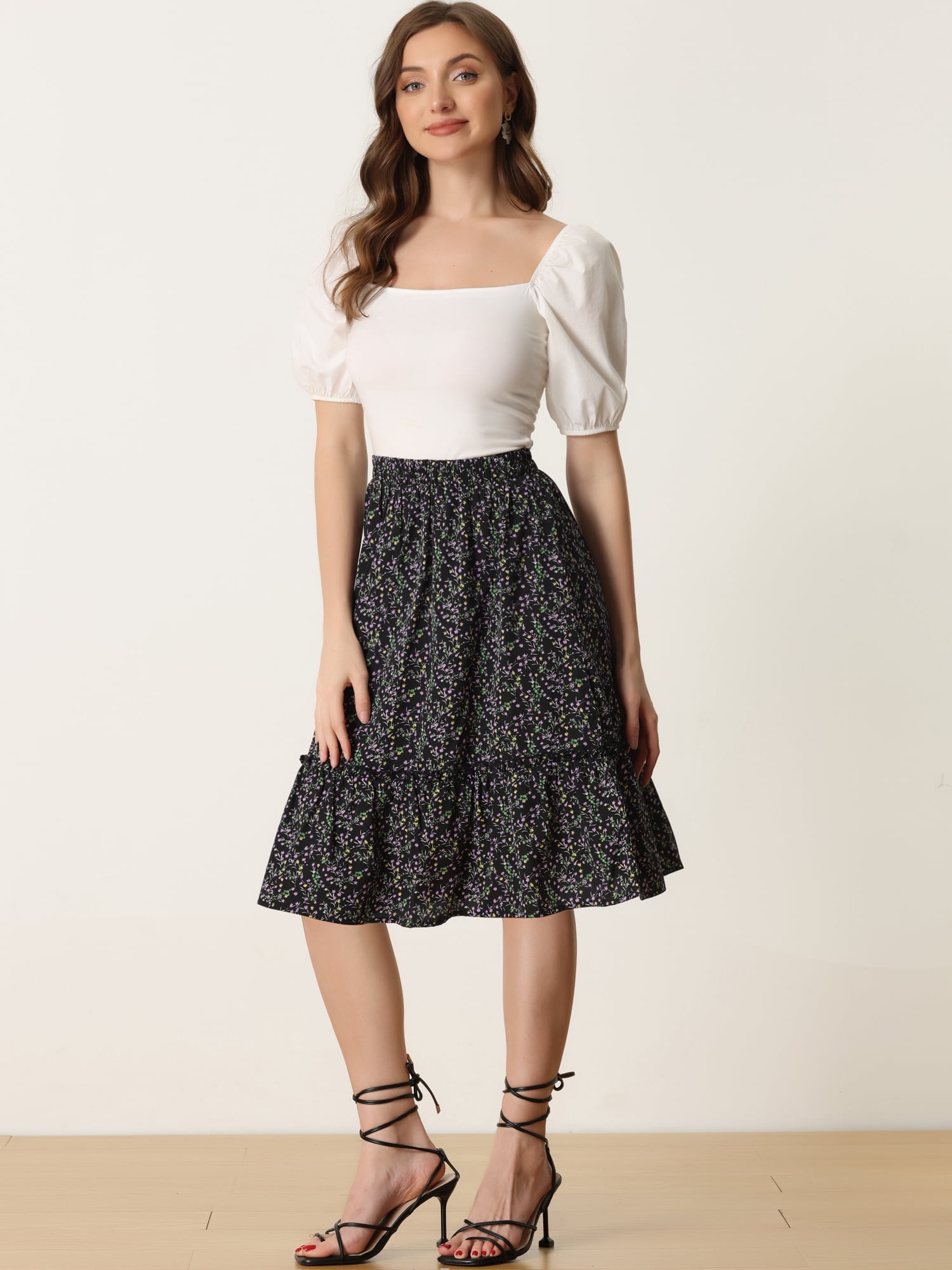 DARING DIVA Women's Flowy Ruffle Hem Tiered Floral Midi Skirt XS Black Floral