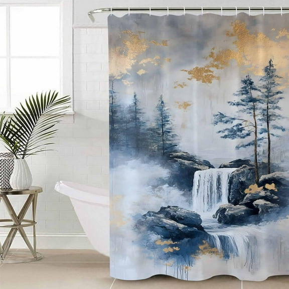 FAKULI Shower Curtain, Navy Blue Mountain Stall Shower Curtains for Bathroom/Bathtub, Modern Abstract Art Tree Waterproof Fabric Shower Curtain Set with 12 Hooks, 54" x 78"