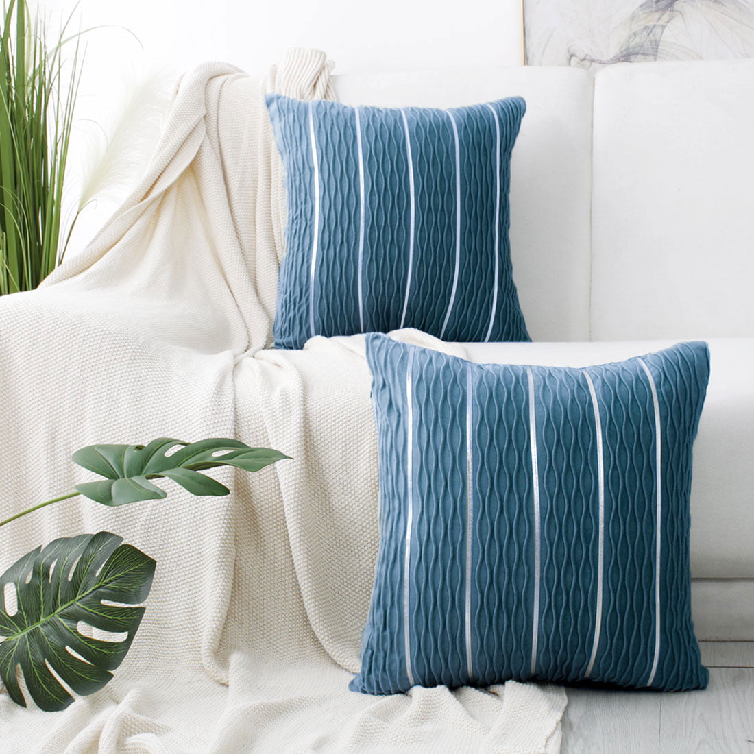 20 x 20 Inch Decorative Velvet Striped Throw Pillow Cases for Sofa Bed Home Decor PiccoCasa 2 Pcs Soft Velvet Throw Pillow Cover Jacquard Wave Striped Cushion Covers Larkspur Blue