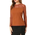 thumbnail image 5 of MODA NOVA Junior's Lace Floral Panel Long Sleeves Blouse Brown Red XL, 5 of 7