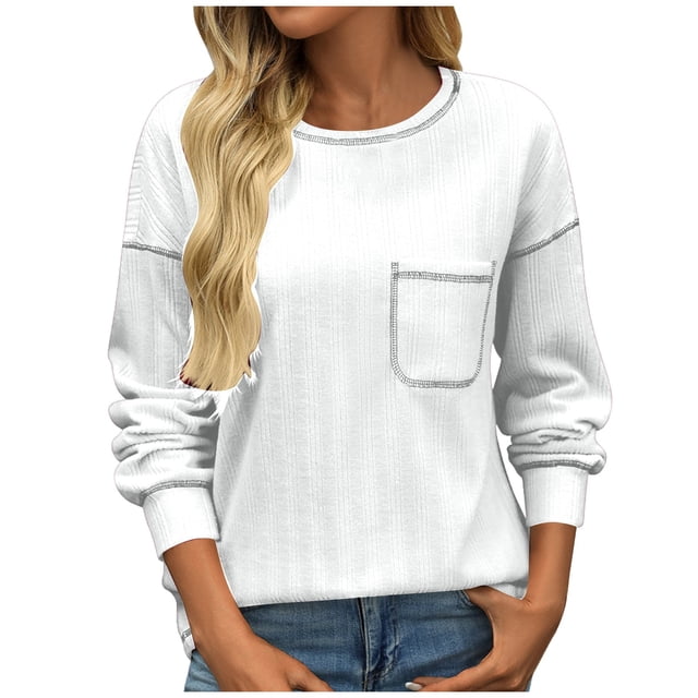 SNKSDGM Chandail Court à Manches Longues T-Shirts à Manches Longues pour Femmes Ample Chandail Décontracté à Manches Longues Col Rond Tricoté Ample TTG