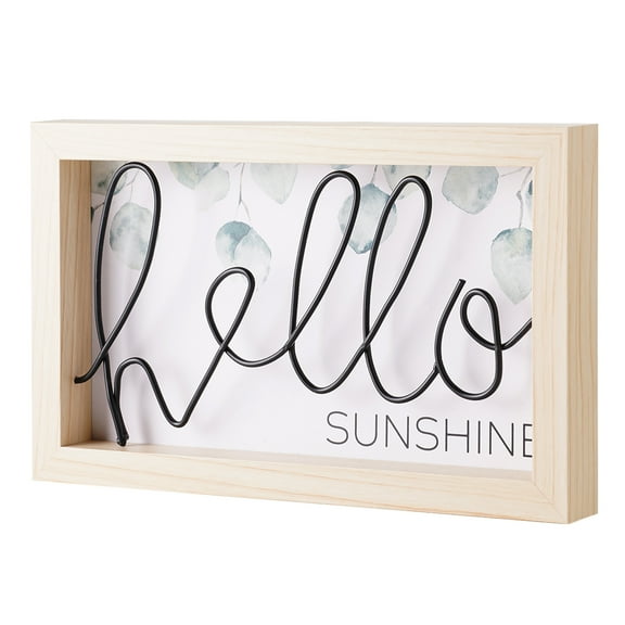 Mainstays Indoor Black Metal Wire Hello Sunshine Farmhouse Tabletop Sign White Background with Wood Frame 10" x 6"