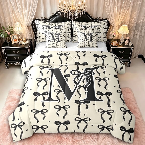 Manfei Ribbon Bow Tie M Personalized Initial Twin Bedding Sets 7-Piece for Kids Girls,Teens Vintage Black Polka Dots Bedding Comforter Set,Ultra Soft Home Decor