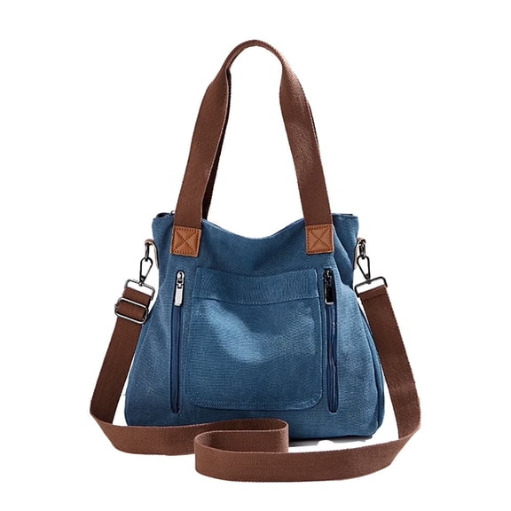 Canvas Hobo Shoulder Bag with Double Zippers, Brown Straps, Casual Tote Handbag for Women