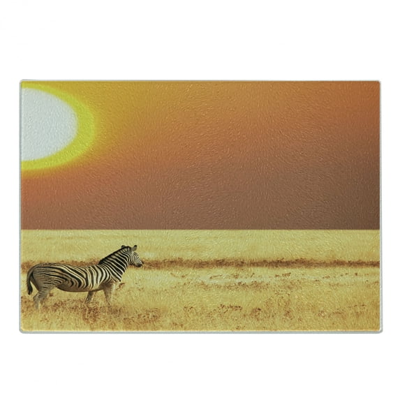 Safari Cutting Board, Zebra at Sunset on Grass Mammal Culture Tropical Lands Photo, Decorative Tempered Glass Cutting and Serving Board, Small Size, Yellow Orange Black, by Ambesonne