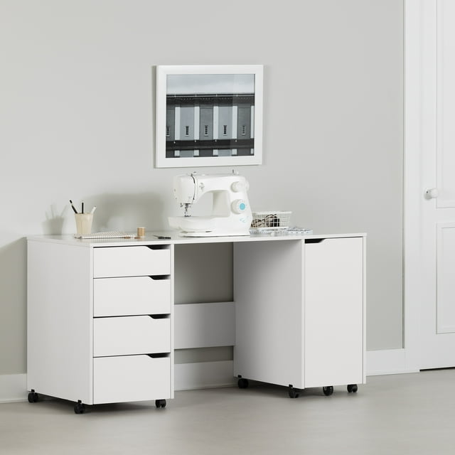 Table à Couture et Bricolage sur Roulettes, Usage Intérieur, Blanc solide, collection Crea de Meubles South Shore