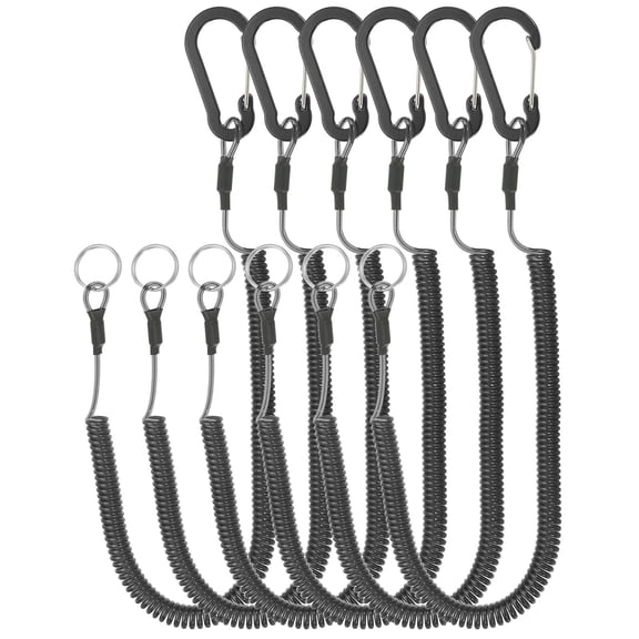 6pcs Retractable Spring Coil Straps, 6" Spiral Lanyard Cord with Aluminium Clip and Key Ring, Black