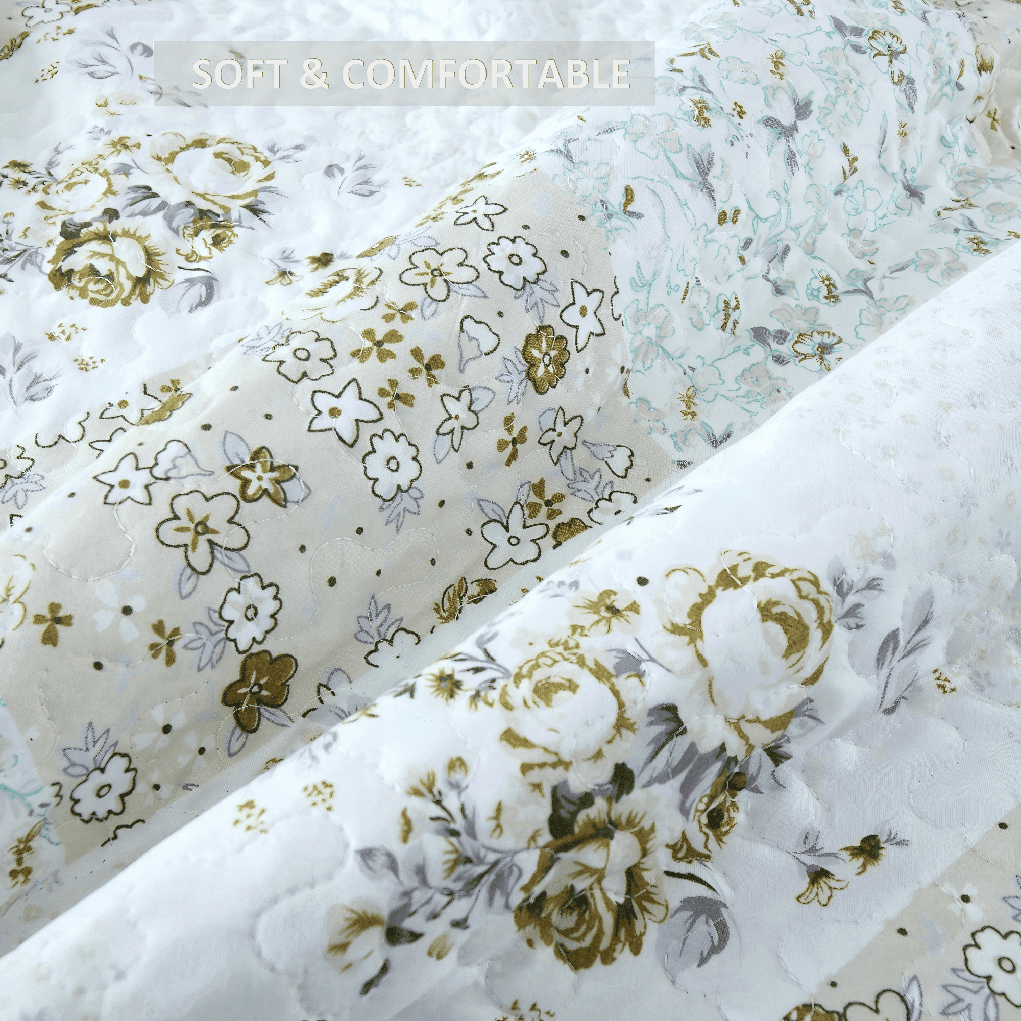 3-Piece King Size Quilt Set, Greagle Lightweight Patchwork King Spring Summer Quilt Bedspreads Full Size Bedding Set with Pillow Shams, 104x90 inch Beige Floral Plaid Print