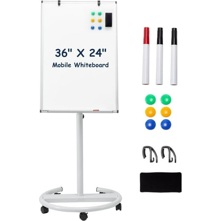 Magnetic Mobile Dry Erase - 36 X 24 Inches Standing White Board Easel, Height Adjustable Dry Erase Rolling Whiteboard on Wheels with Flipchart Hooks