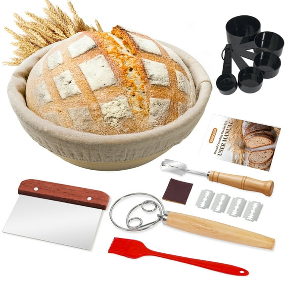 Kikcoin Bread Proofing Basket, 9 Inch Round Sourdough Proofing Basket with Linen Liner, Bread Lame and Dough Whisk for Kitchen