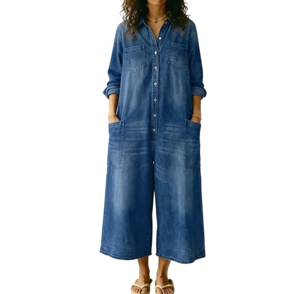JUUNthy Womens Denim Jumpsuit, Full Button Front Long Sleeve Wide Leg Baggy Fit Cropped Jean Overalls with Big Pockets Blue XL