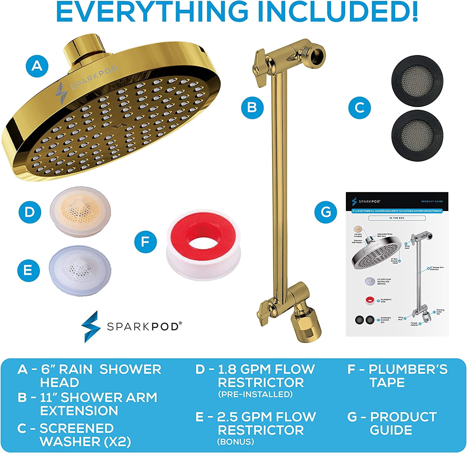 SparkPod Rain Shower Head with Adjustable Extension Arm 11" - High Pressure, Easy Install (6" inch Shower head, Egyptian Gold)