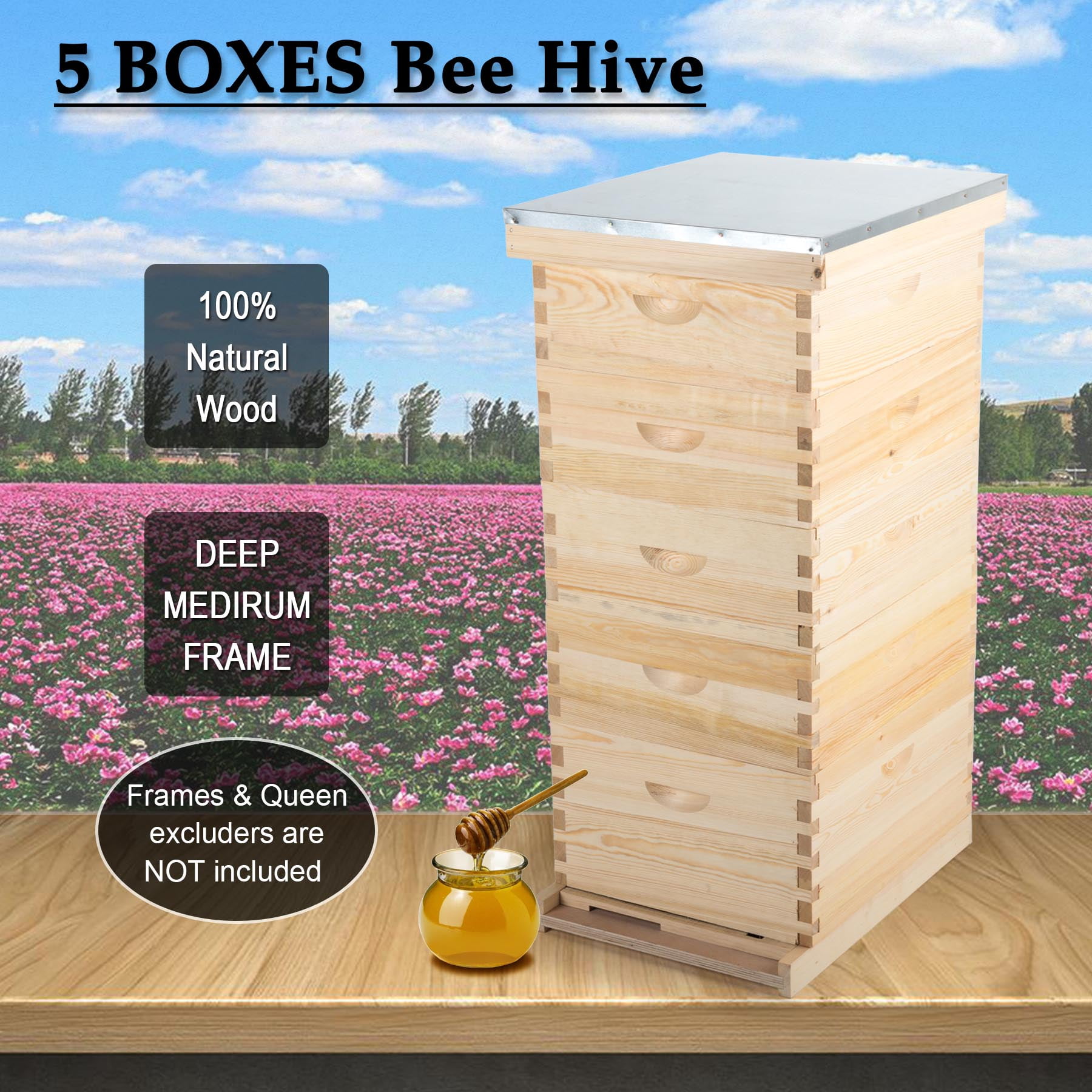 10-Frame Size 5 Box Bee Hive Frame/Beehive Frames w/ Metal Roof Queen Excluder 