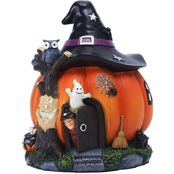 Halloween Pumpkin House Status with Witch Hats,Orange Pumpkin Fairy House Statue Halloween Pumpkin House Decor Resin Garden Luminous Witch Ghost Ornaments