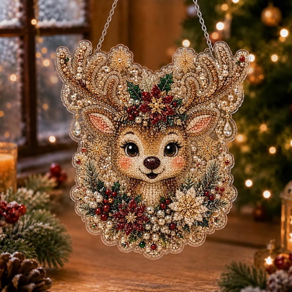Christmas Pearl Diamond Painting Suncatcher Kit, Acrylic Lace-Edge Board with Chain & 3D Mixed Pearl Beads, Window Wall Decor Craft Gift for Adults Beginners (10in, #09)