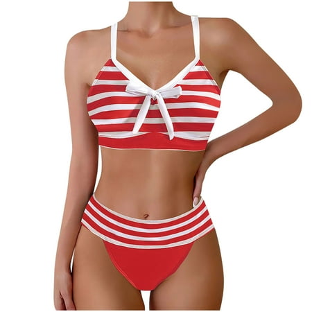 Oplxuo Women s Striped Bikini Sets Color Block Tie Front Swimsuits Cheeky High Waisted Two Piece Bathing Suit