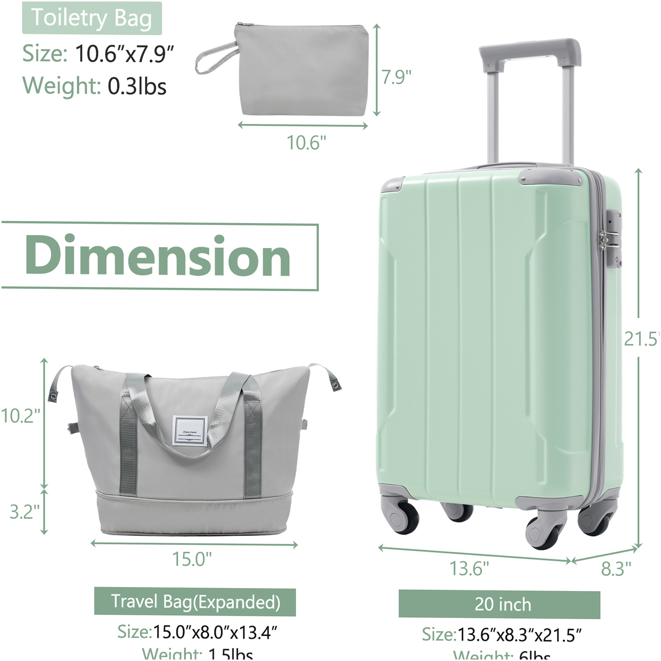 JERFIT 20" Expandable Carry On Luggage Set 3 Piece, Lightweight ABS Hardshell Spinner Suitcase with TSA Lock, Soft Lime