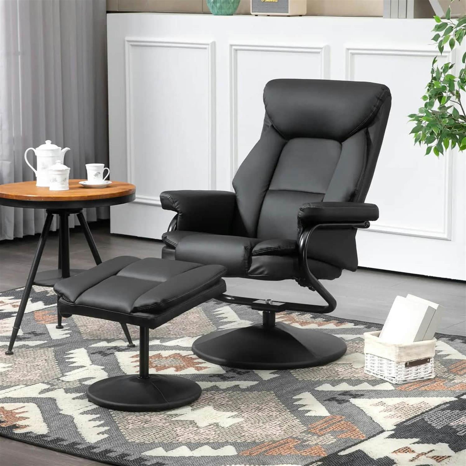 Demi Bonn 39" High-Back Reclining Ottoman Chair with Faux Leather, Swivel Ottoman for Living Room, Comfortable Lounge Chair, Black